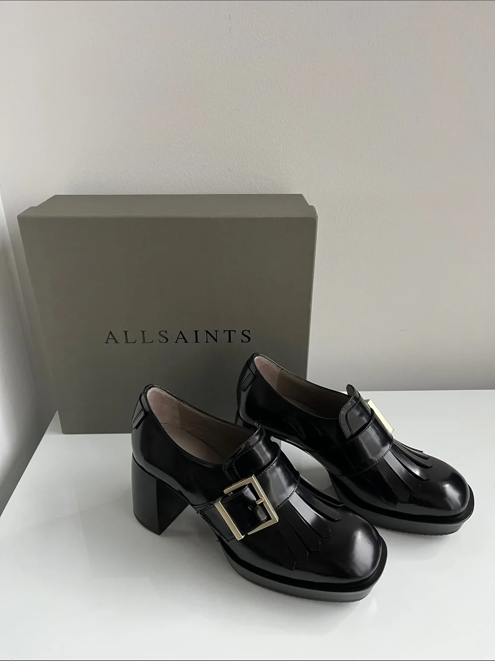 All Saints “ZIA” Black Leather Kiltie Loafers with Gold Buckle